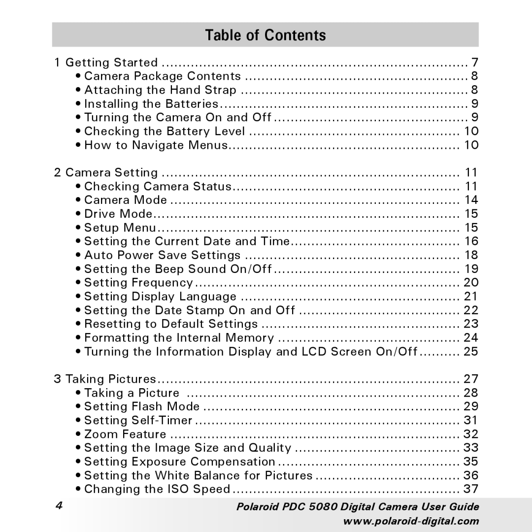 Polaroid PDC 5080 manual Table of Contents 