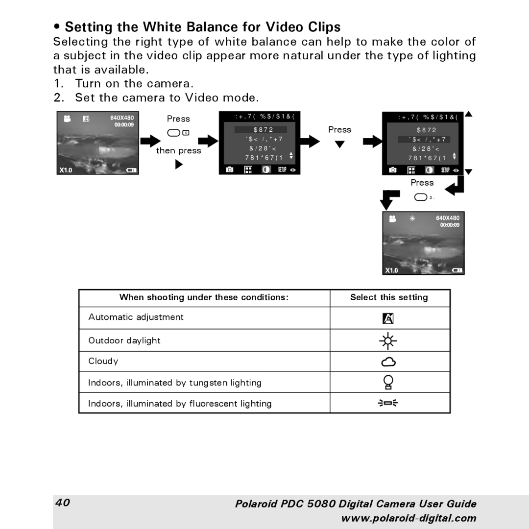 Polaroid PDC 5080 manual Setting the White Balance for Video Clips 