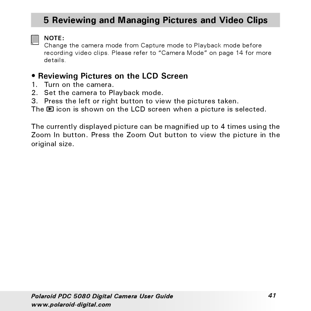 Polaroid PDC 5080 manual Reviewing and Managing Pictures and Video Clips, Reviewing Pictures on the LCD Screen 