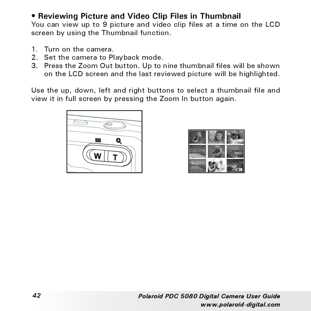 Polaroid PDC 5080 manual Reviewing Picture and Video Clip Files in Thumbnail 