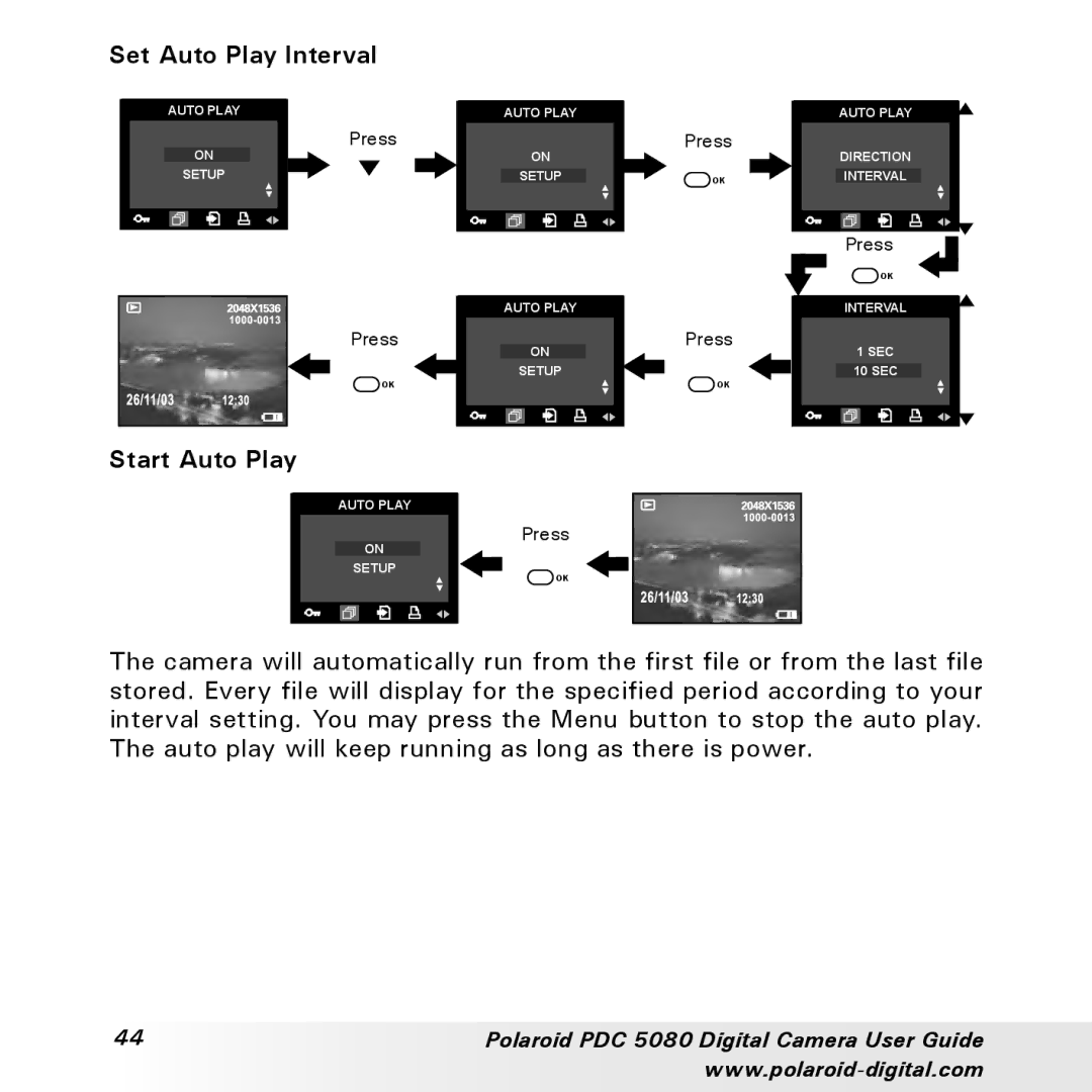 Polaroid PDC 5080 manual Set Auto Play Interval, Start Auto Play 