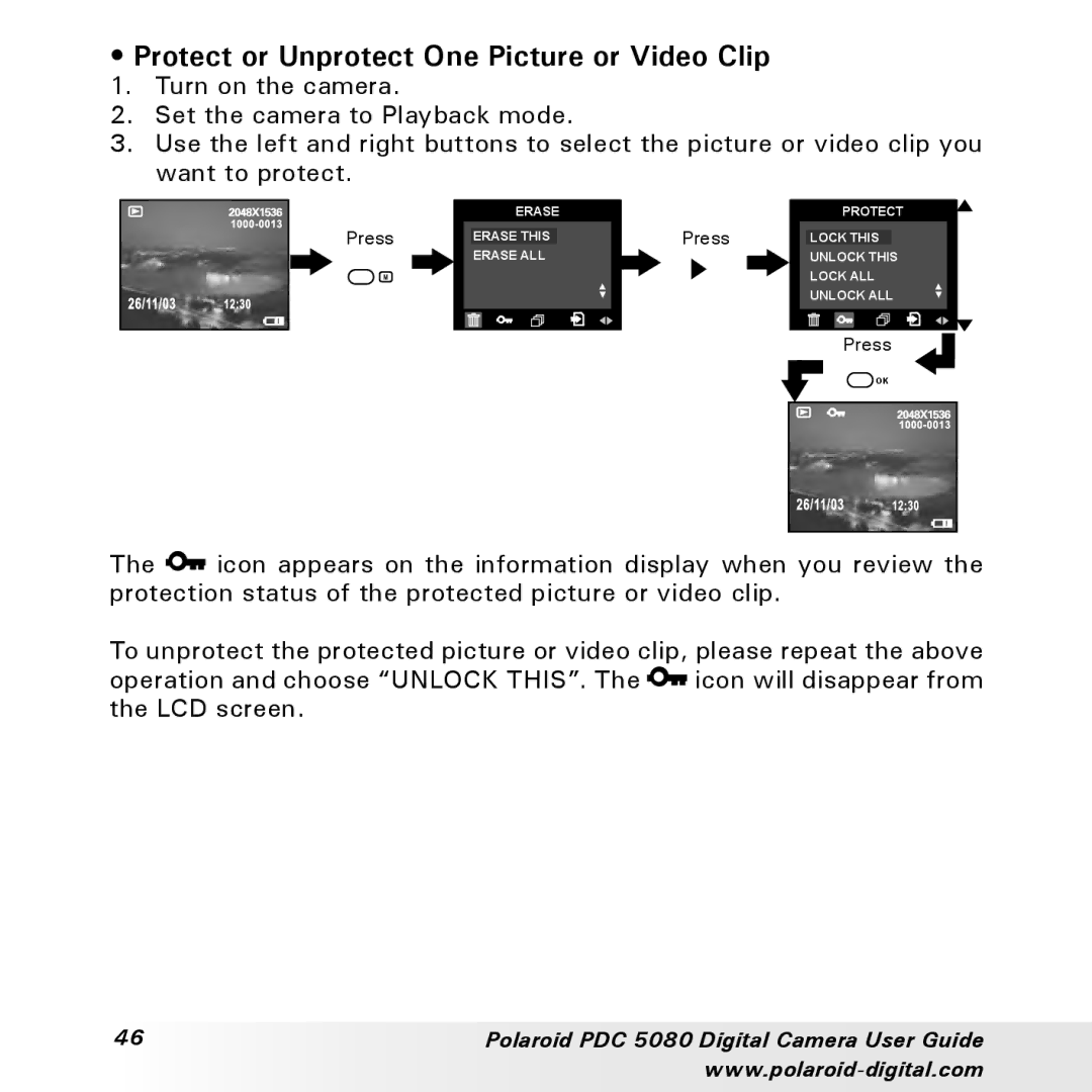 Polaroid PDC 5080 manual Protect or Unprotect One Picture or Video Clip 