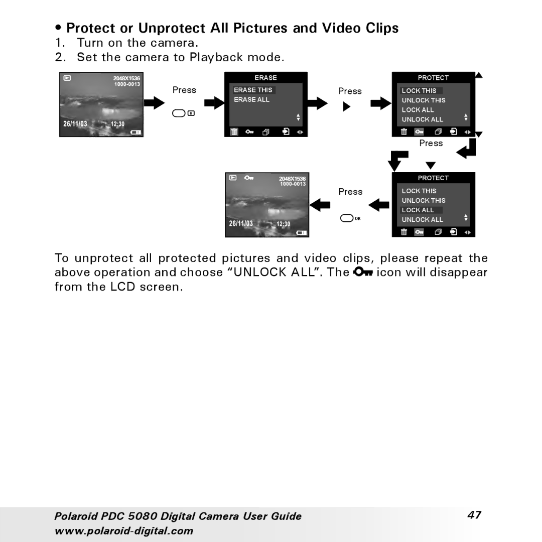 Polaroid PDC 5080 Protect or Unprotect All Pictures and Video Clips, Turn on the camera Set the camera to Playback mode 