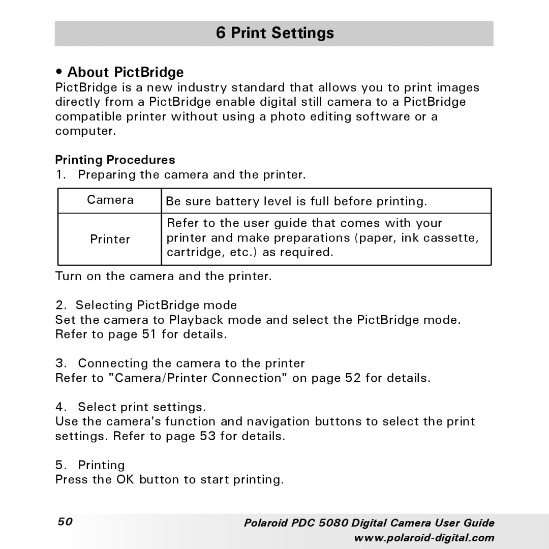 Polaroid PDC 5080 manual Print Settings, About PictBridge, Printing Procedures 