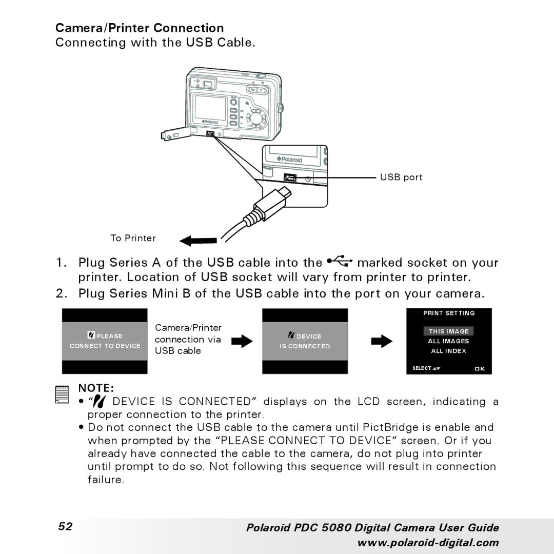 Polaroid PDC 5080 manual Camera/Printer Connection 
