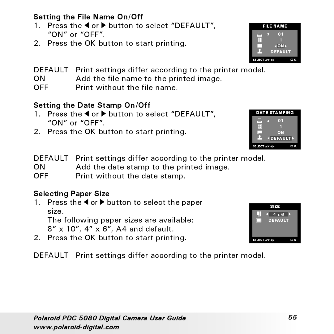 Polaroid PDC 5080 manual Setting the File Name On/Off, Setting the Date Stamp On/Off, Selecting Paper Size 