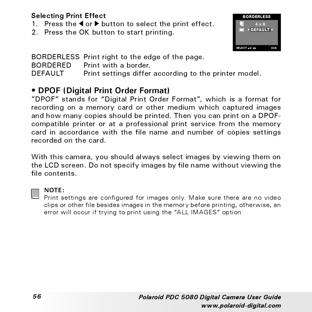 Polaroid PDC 5080 manual Dpof Digital Print Order Format, Selecting Print Effect 