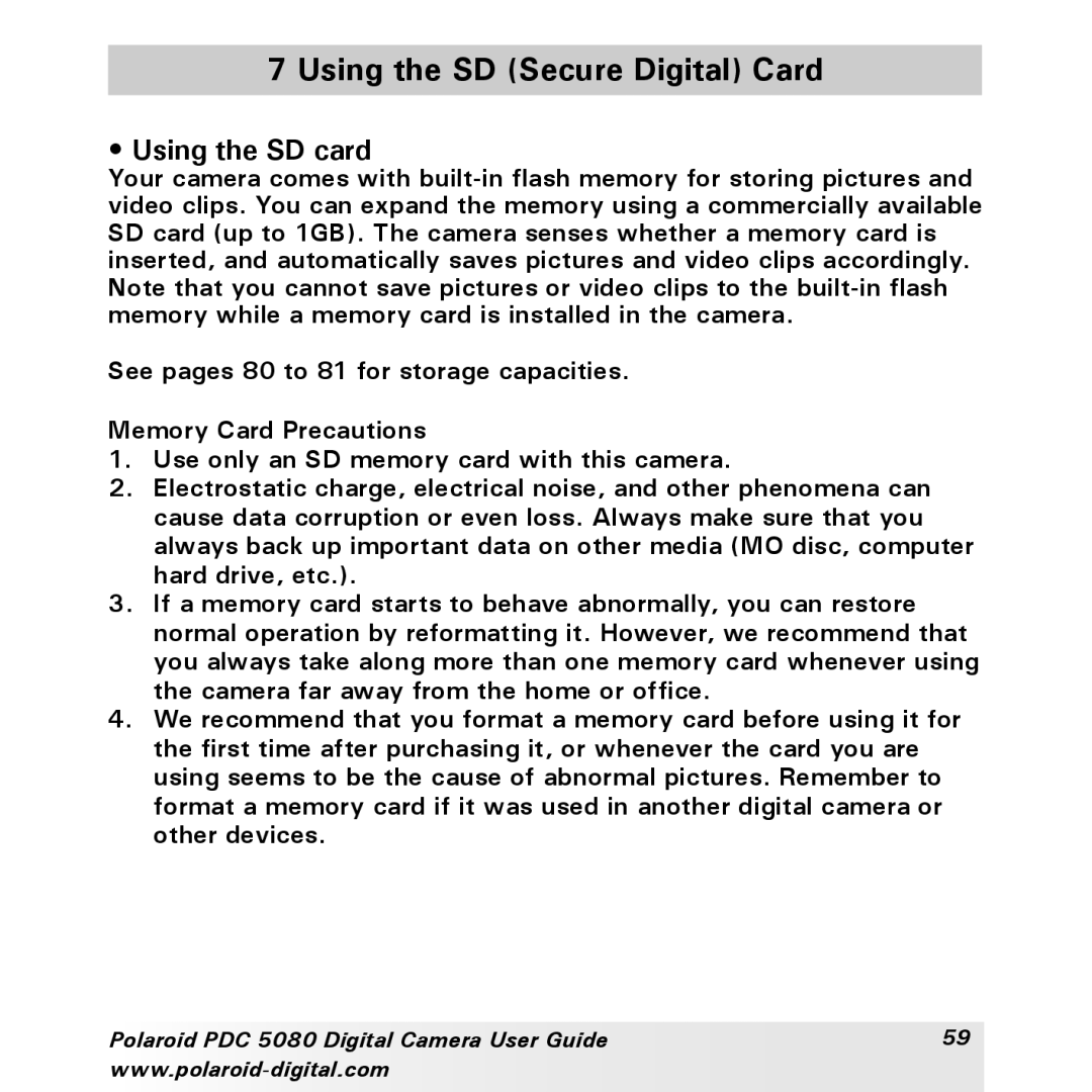 Polaroid PDC 5080 manual Using the SD Secure Digital Card, Using the SD card, Memory Card Precautions 