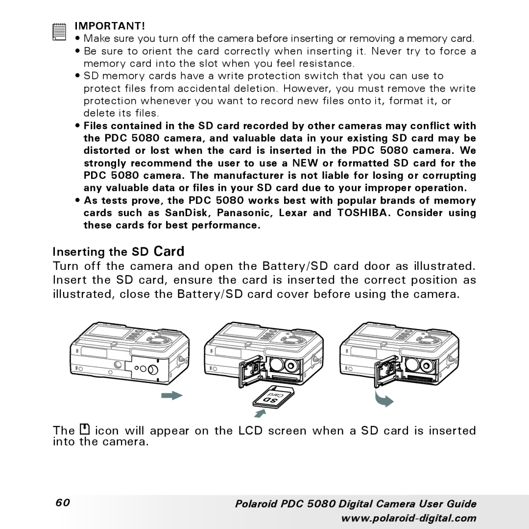 Polaroid PDC 5080 manual Inserting the SD Card 