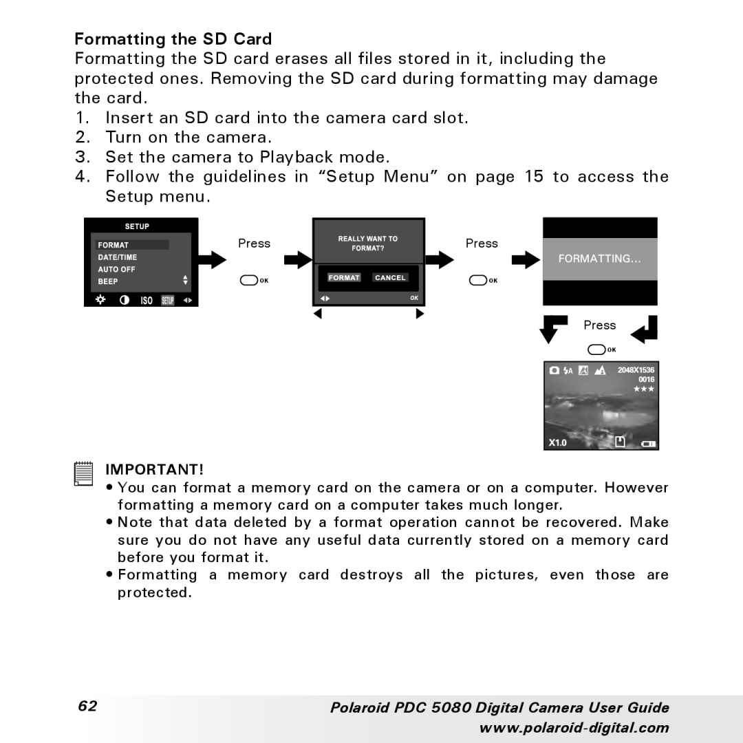 Polaroid PDC 5080 manual Formatting the SD Card 