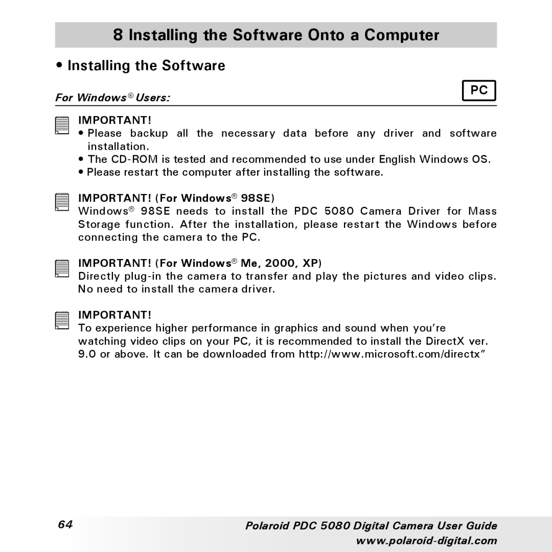 Polaroid PDC 5080 manual Installing the Software Onto a Computer 