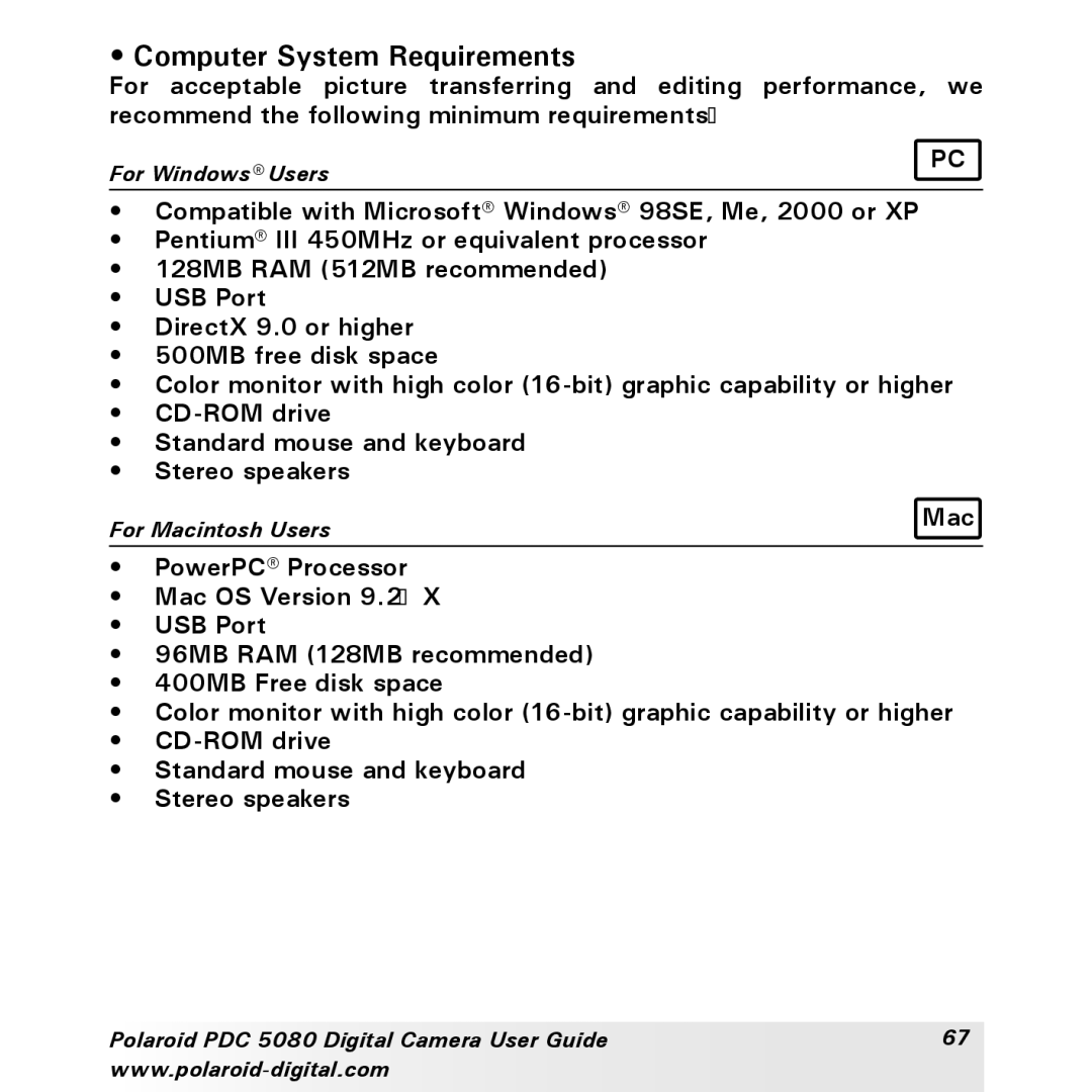 Polaroid PDC 5080 manual Computer System Requirements 