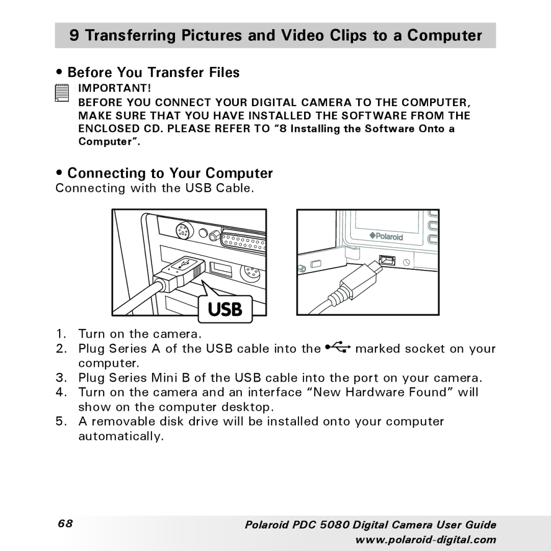 Polaroid PDC 5080 manual Transferring Pictures and Video Clips to a Computer, Before You Transfer Files 