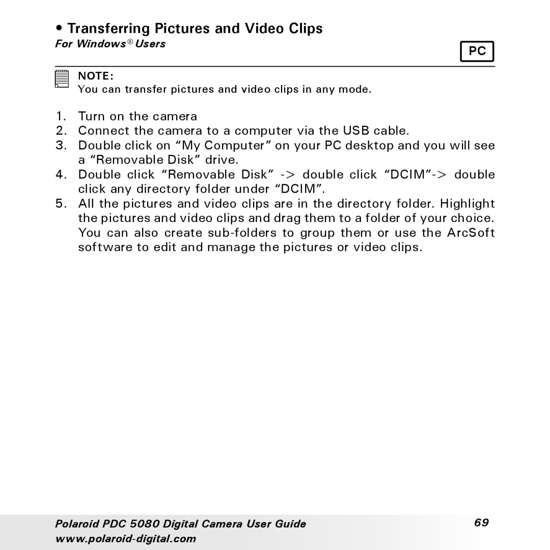 Polaroid PDC 5080 manual Transferring Pictures and Video Clips 