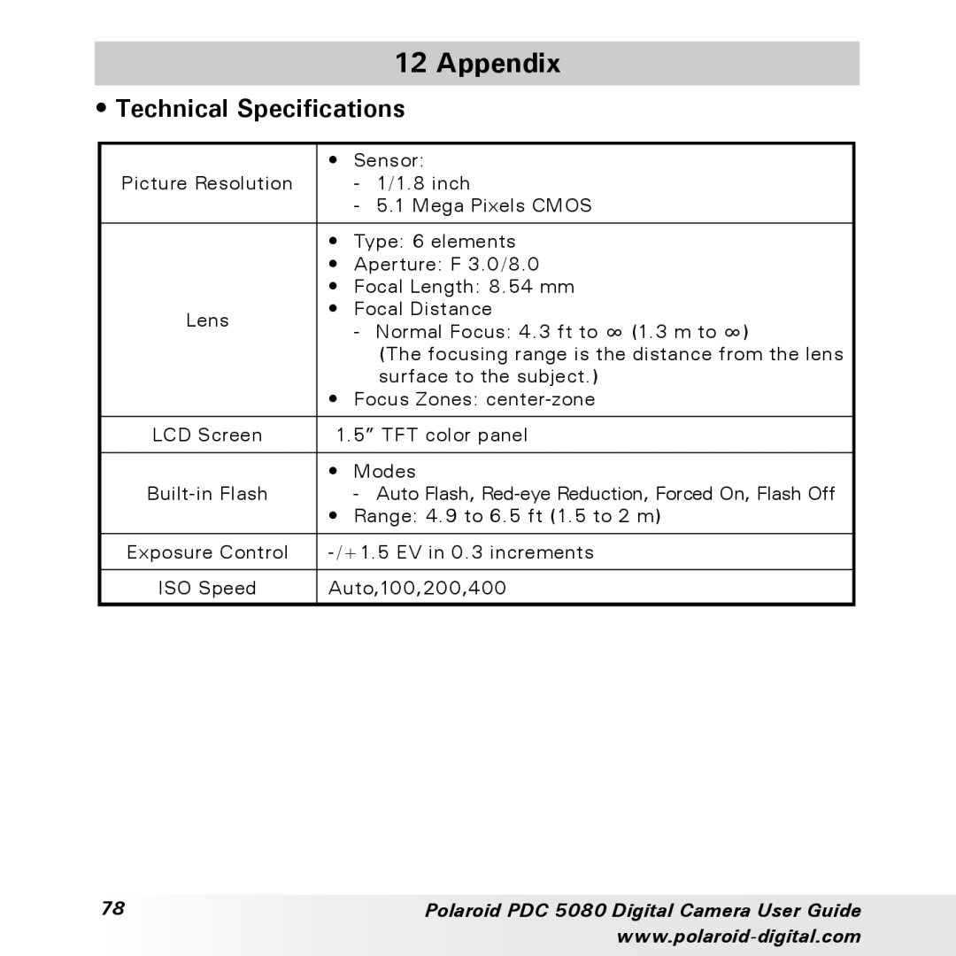 Polaroid PDC 5080 manual Appendix, Technical Specifications 