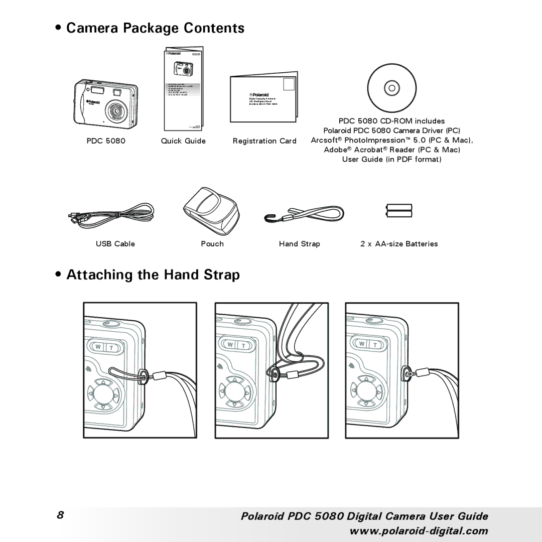 Polaroid PDC 5080 manual Camera Package Contents, Attaching the Hand Strap 