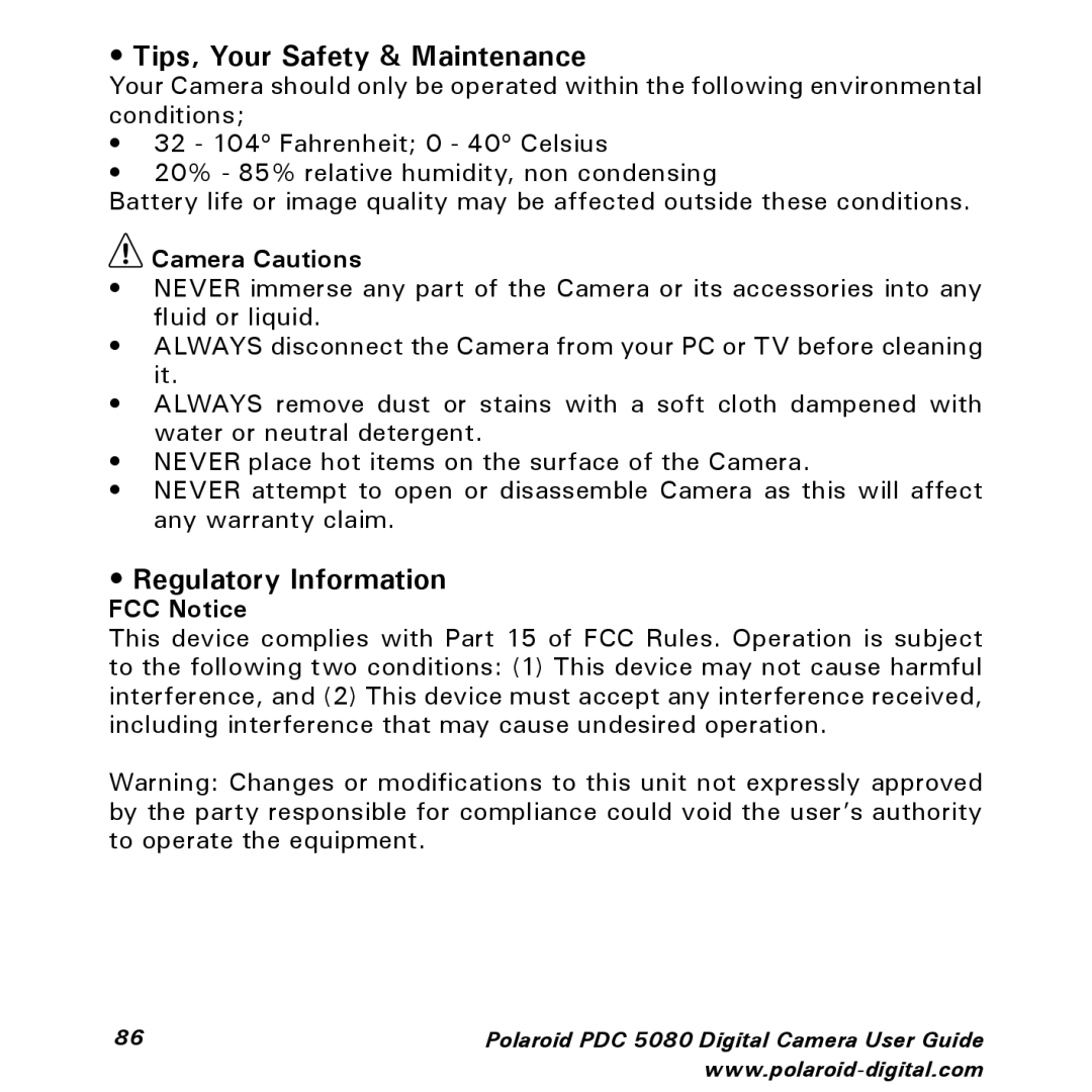 Polaroid PDC 5080 manual Tips, Your Safety & Maintenance, Regulatory Information, Camera Cautions, FCC Notice 