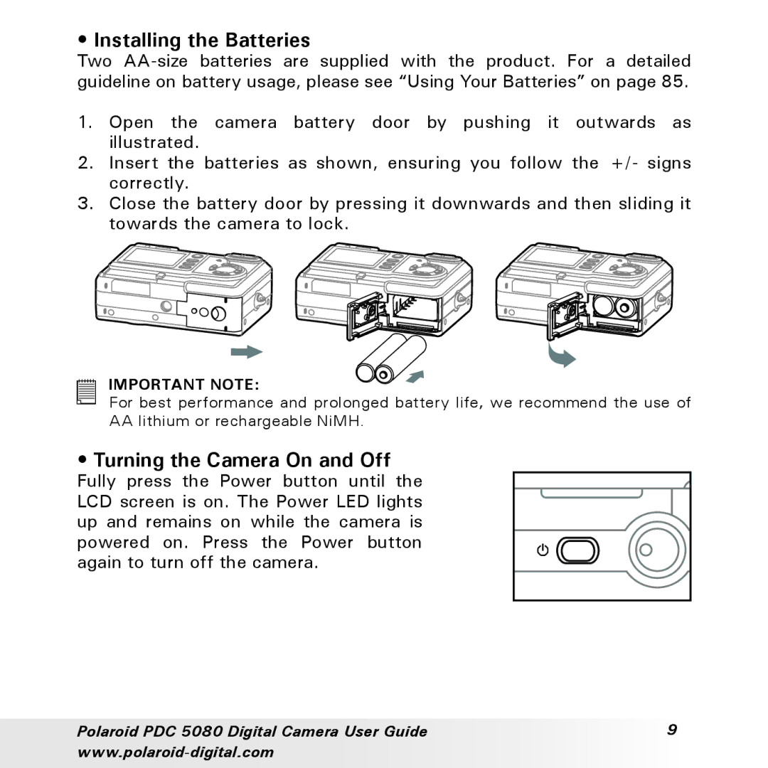 Polaroid PDC 5080 manual Installing the Batteries, Turning the Camera On and Off 