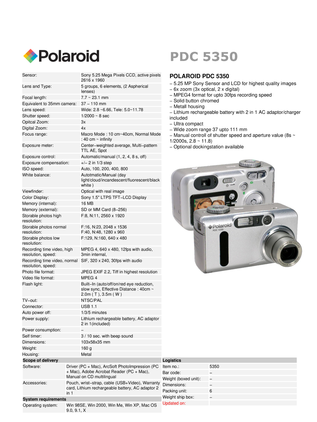 Polaroid PDC 5350 dimensions Polaroid PDC, Mpeg, Ntsc/Pal, Scope of delivery, Logistics 