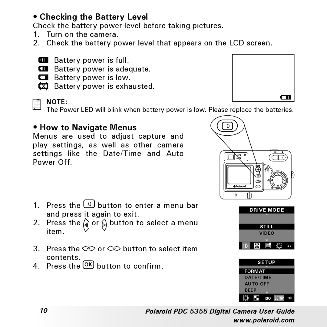 Polaroid PDC 5355 manual Checking the Battery Level, How to Navigate Menus 