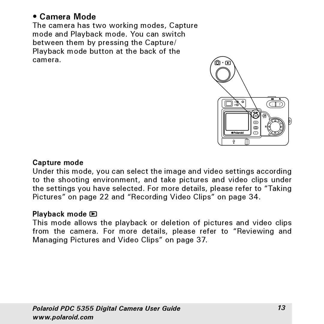 Polaroid PDC 5355 manual Camera Mode, Capture mode 