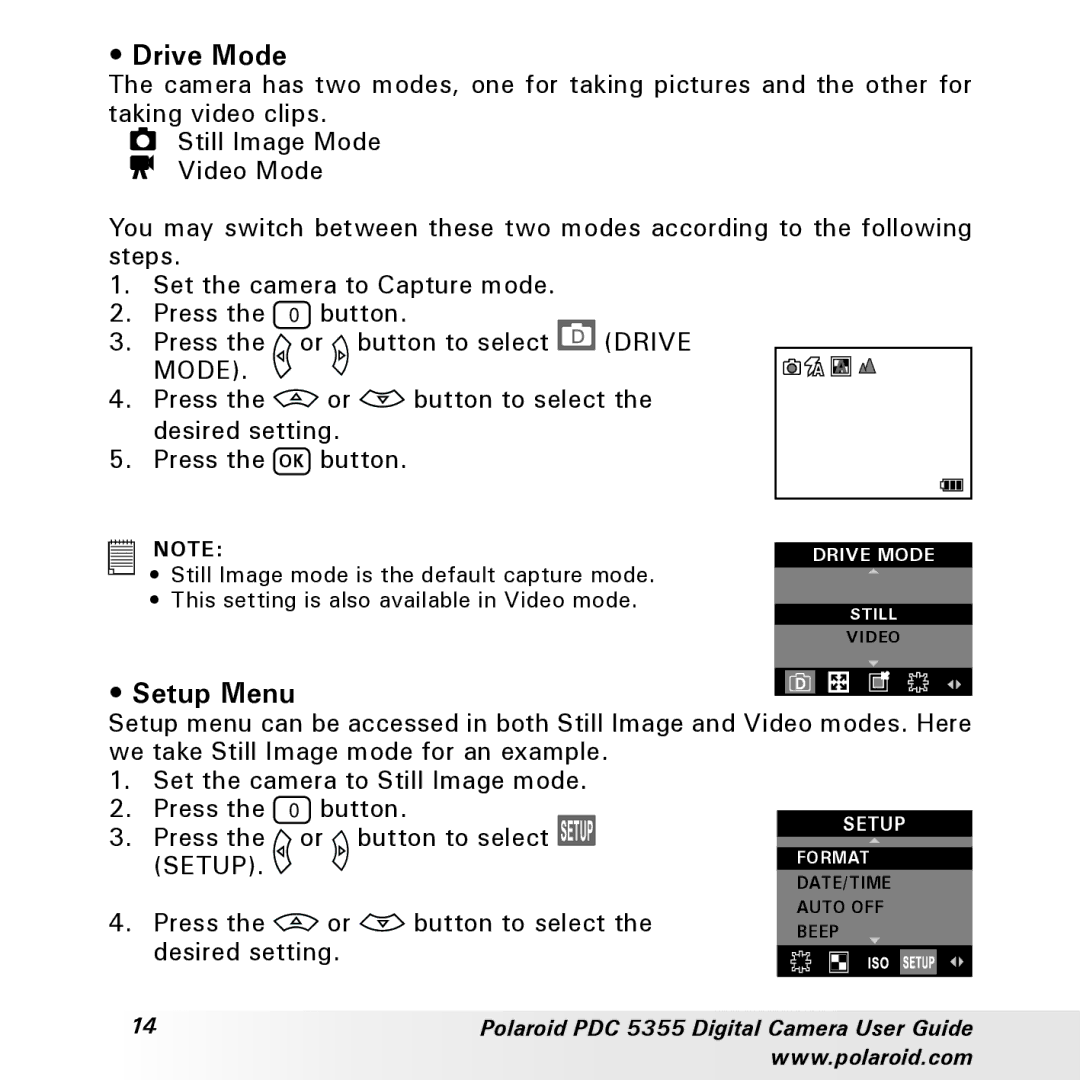 Polaroid PDC 5355 manual Drive Mode, Setup Menu 