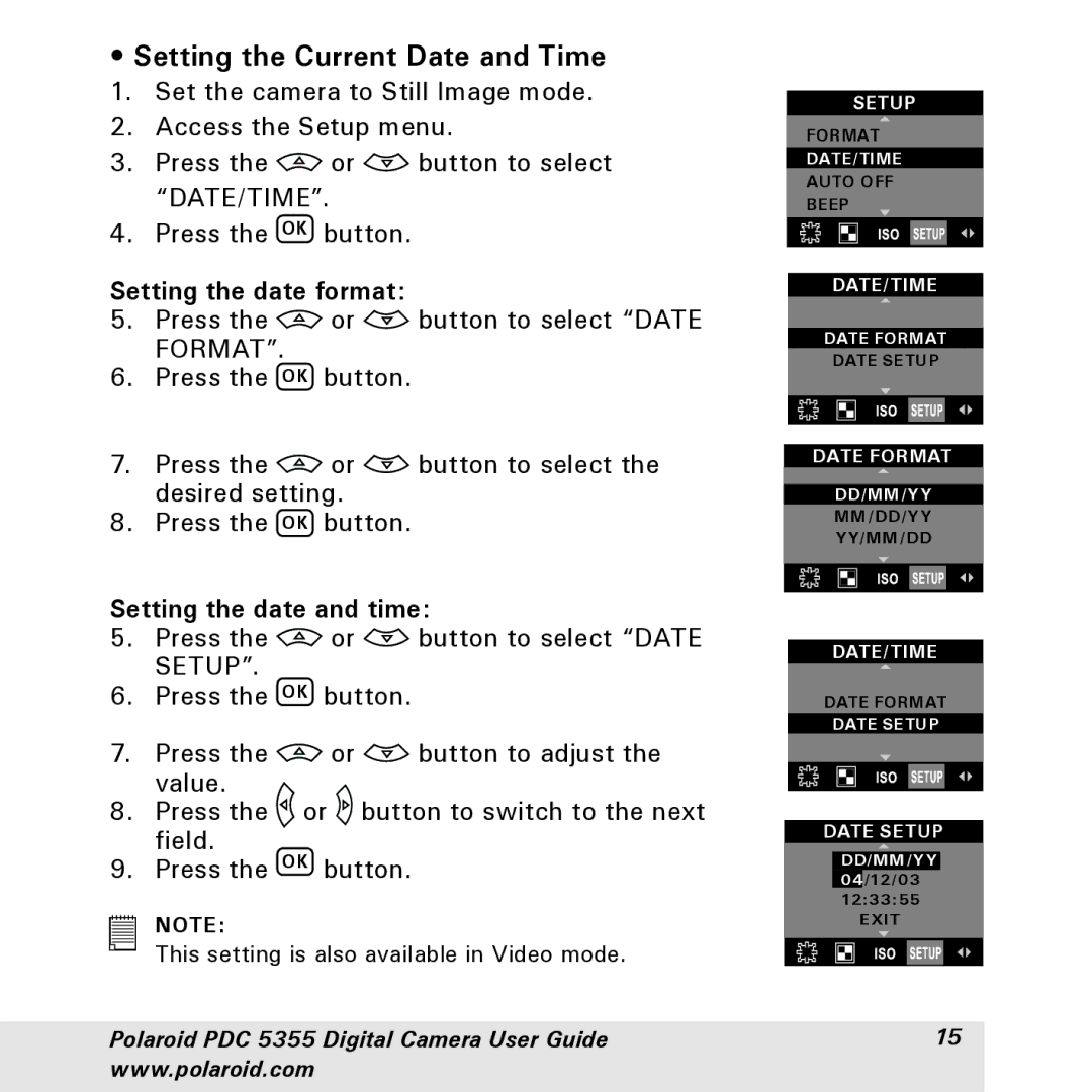 Polaroid PDC 5355 manual Setting the Current Date and Time, Setting the date format, Setting the date and time 