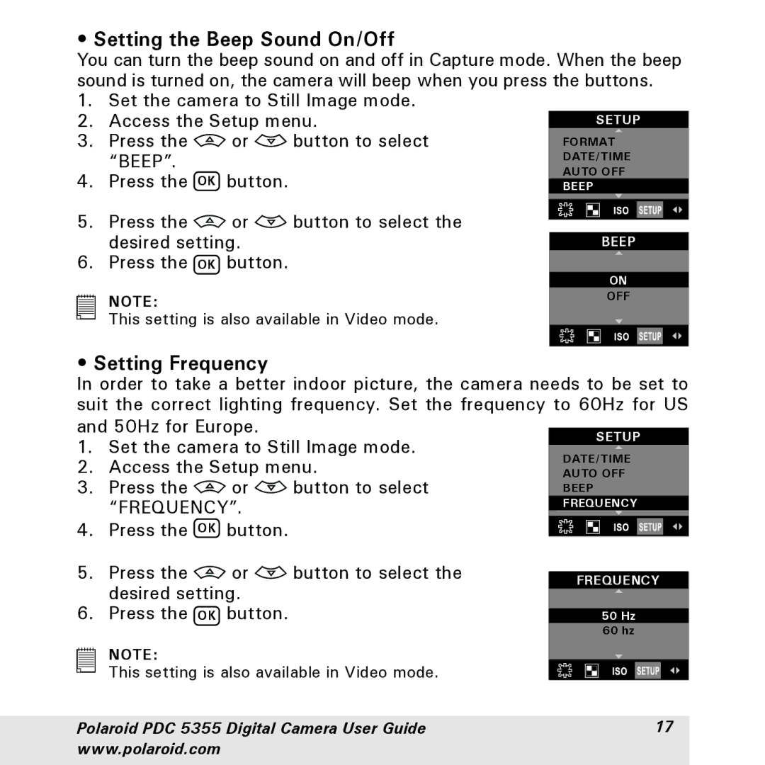 Polaroid PDC 5355 manual Setting the Beep Sound On/Off, Setting Frequency 