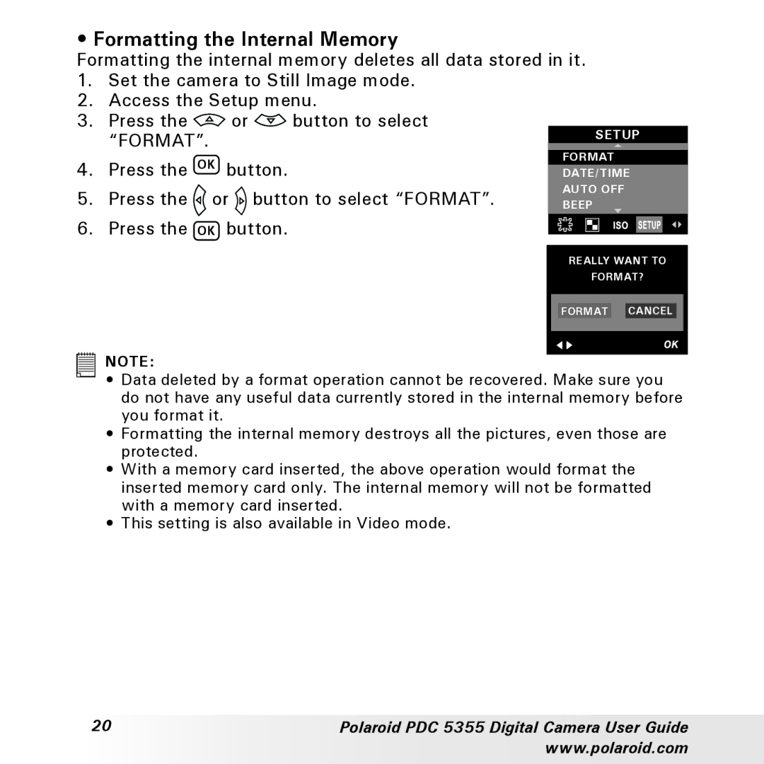 Polaroid PDC 5355 manual Formatting the Internal Memory 