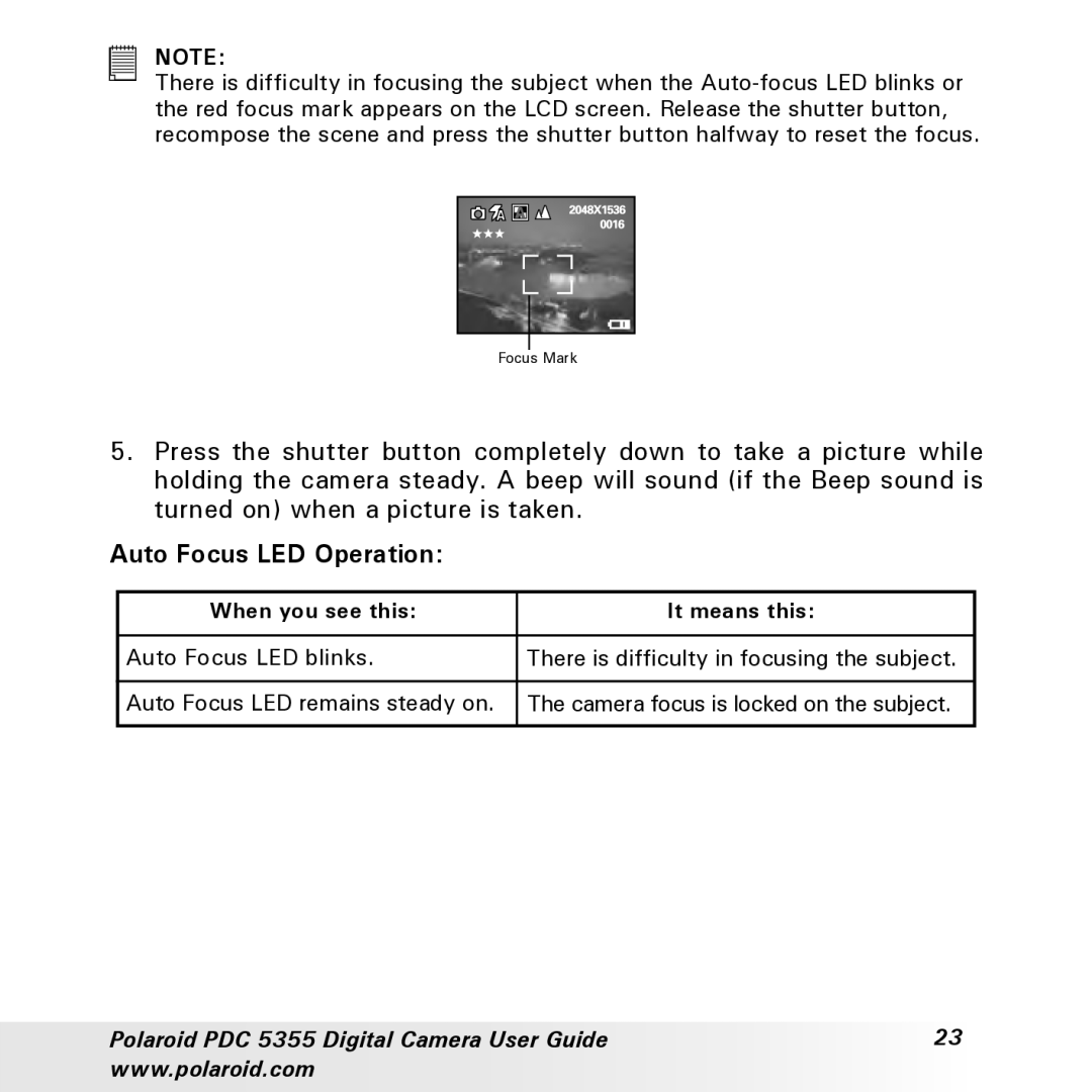Polaroid PDC 5355 manual Auto Focus LED Operation, When you see this It means this 