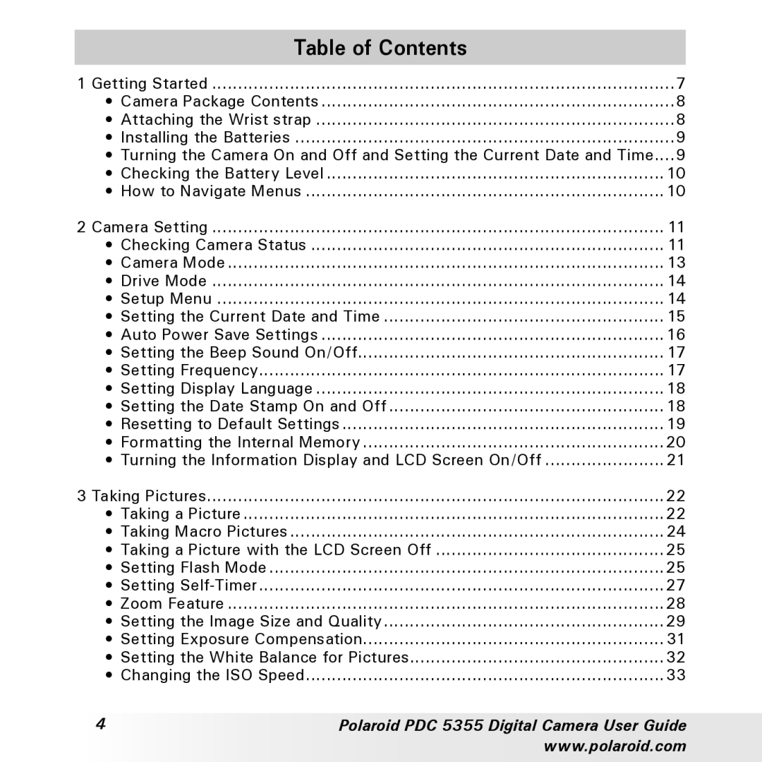 Polaroid PDC 5355 manual Table of Contents 