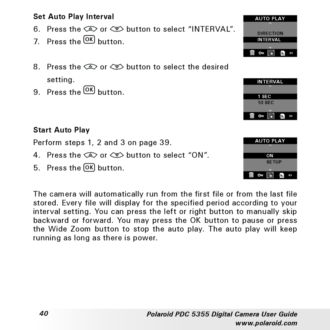 Polaroid PDC 5355 manual Set Auto Play Interval, Start Auto Play 