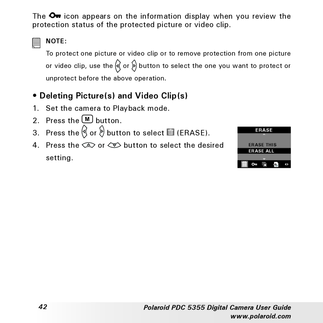 Polaroid PDC 5355 manual Deleting Pictures and Video Clips, Press the or button to select Erase 