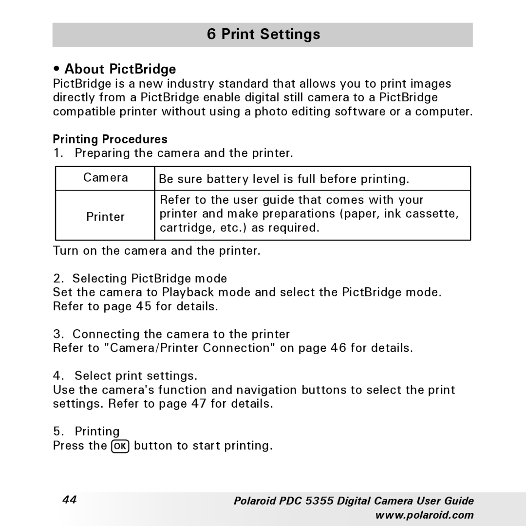 Polaroid PDC 5355 manual Print Settings, About PictBridge, Printing Procedures 