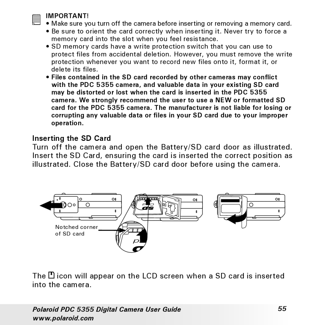 Polaroid PDC 5355 manual Inserting the SD Card 