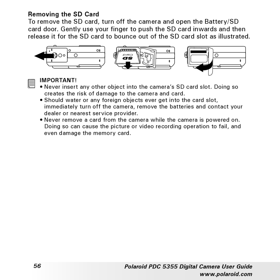 Polaroid PDC 5355 manual Removing the SD Card 