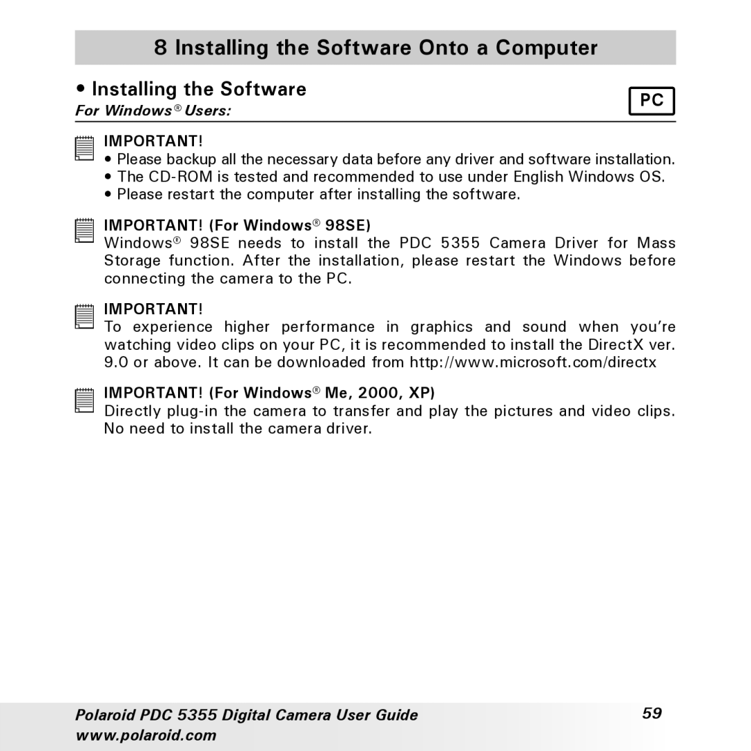 Polaroid PDC 5355 manual Installing the Software Onto a Computer 