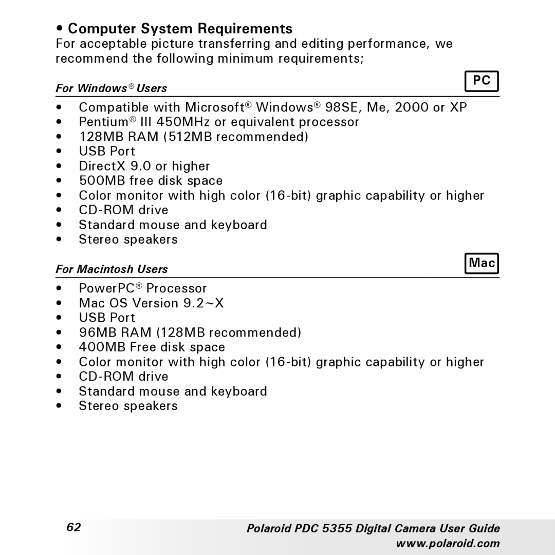 Polaroid PDC 5355 manual Computer System Requirements 