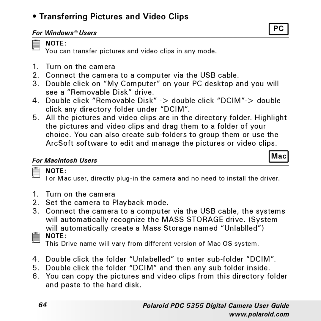 Polaroid PDC 5355 manual Transferring Pictures and Video Clips 