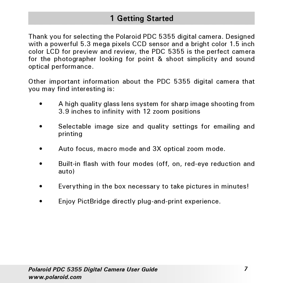 Polaroid PDC 5355 manual Getting Started 