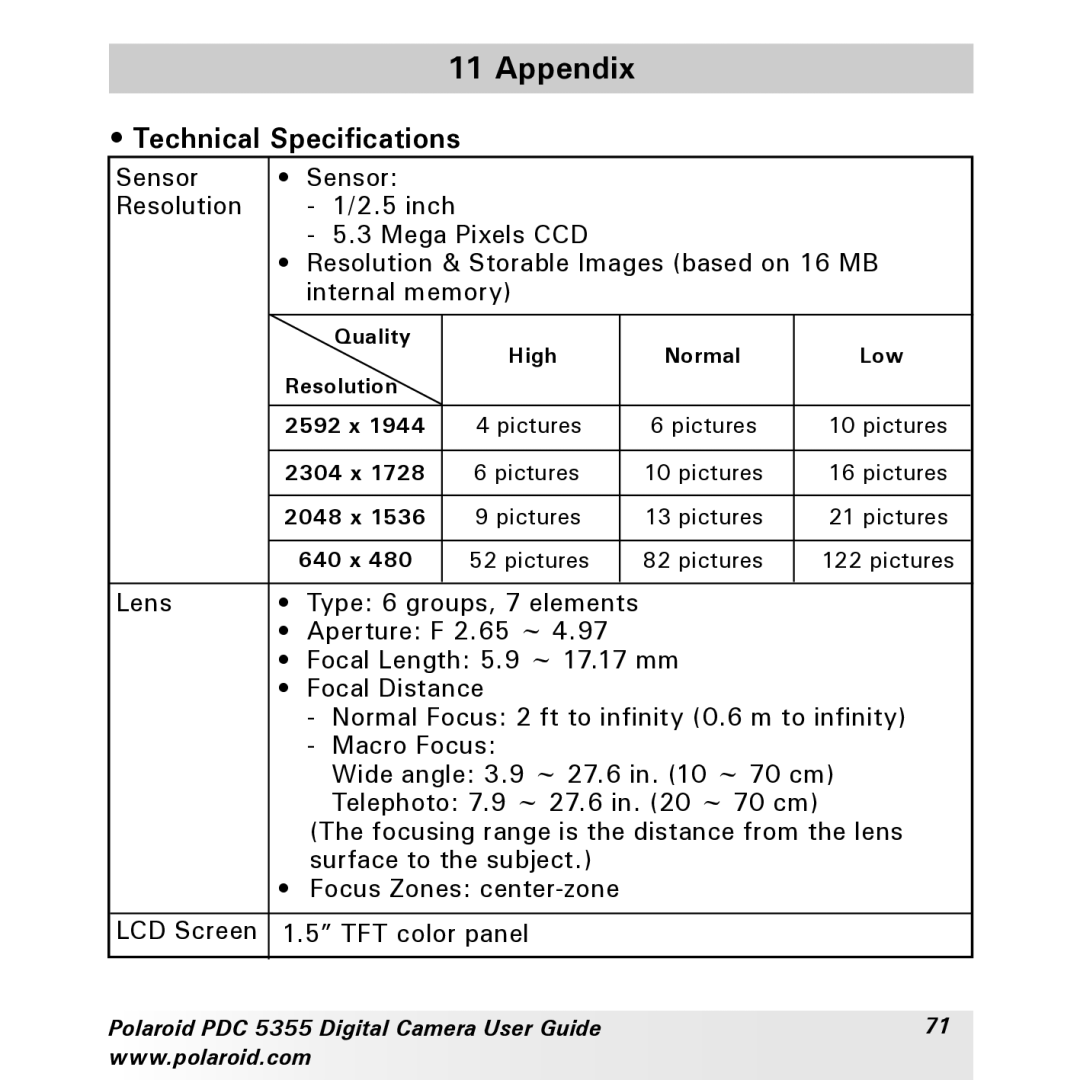 Polaroid PDC 5355 manual Appendix, Technical Specifications 