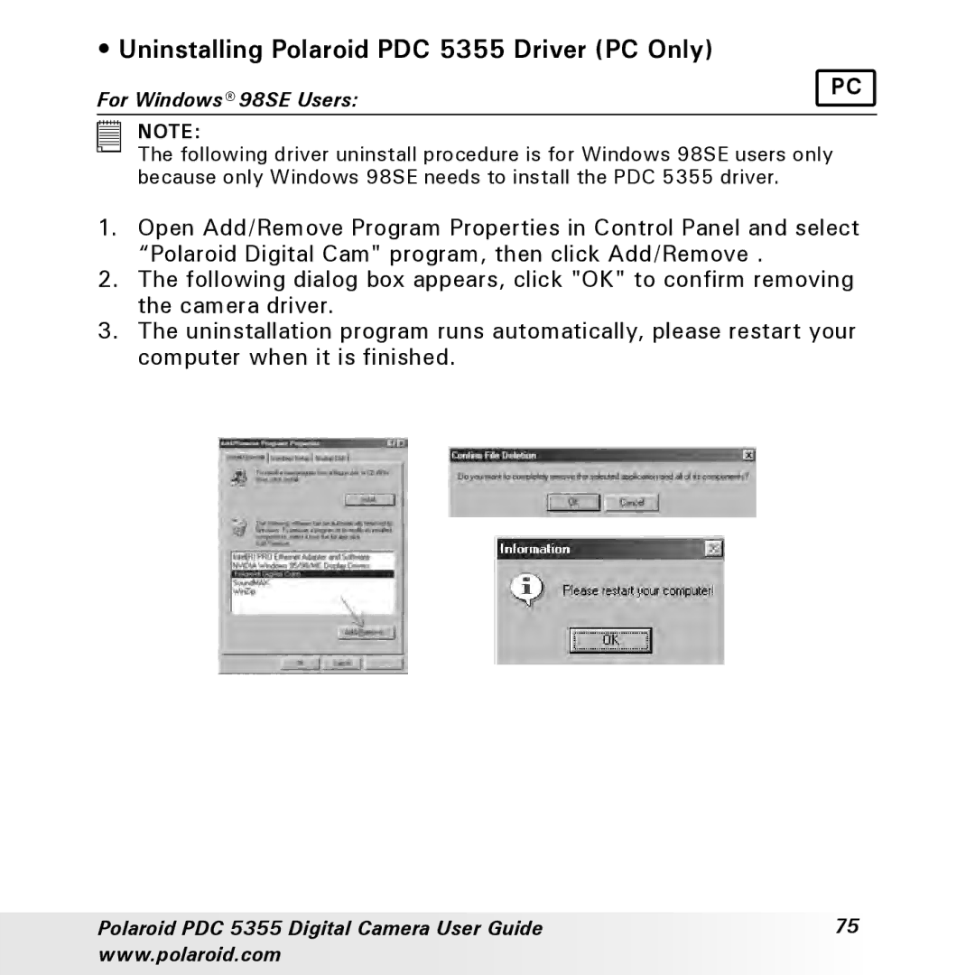 Polaroid manual Uninstalling Polaroid PDC 5355 Driver PC Only, For Windows 98SE Users 