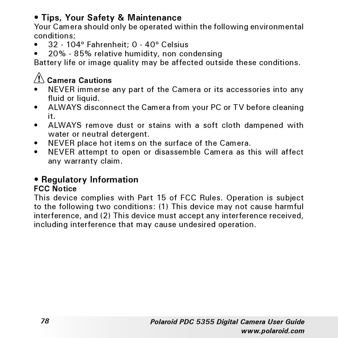 Polaroid PDC 5355 manual Tips, Your Safety & Maintenance, Regulatory Information, Camera Cautions, FCC Notice 