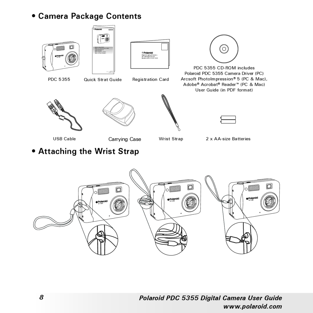 Polaroid PDC 5355 manual Camera Package Contents, Attaching the Wrist Strap 