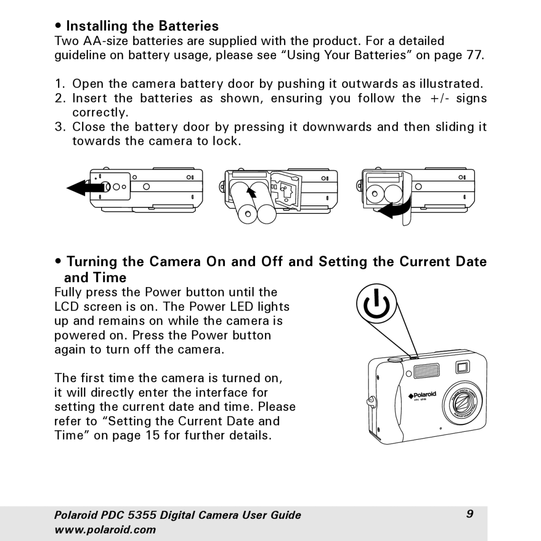 Polaroid PDC 5355 manual Installing the Batteries 