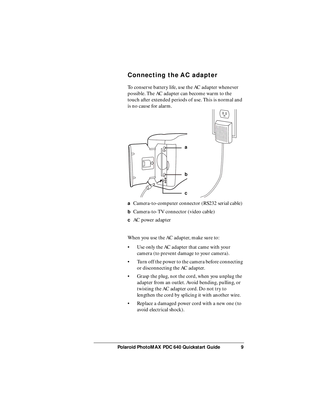 Polaroid PDC 640 manual Connecting the AC adapter 