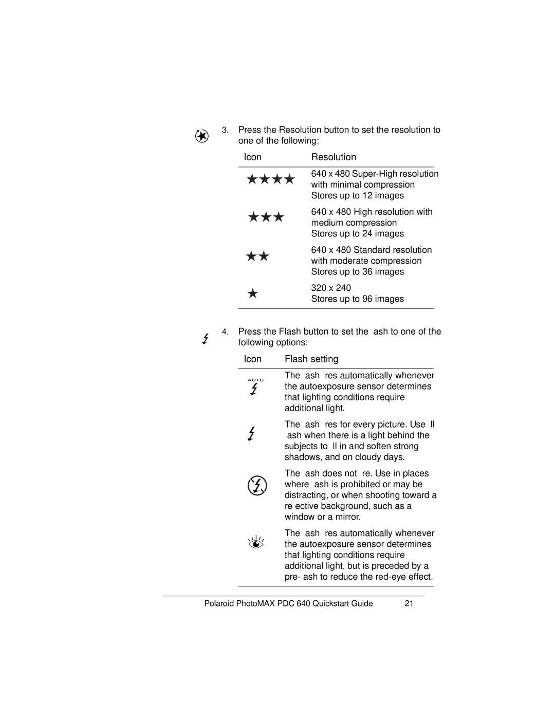 Polaroid PDC 640 manual IconResolution, Icon Flash setting 