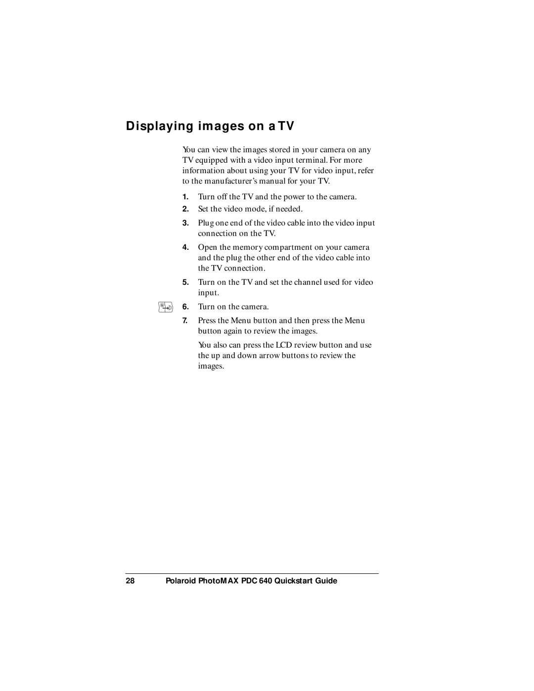 Polaroid PDC 640 manual Displaying images on a TV 