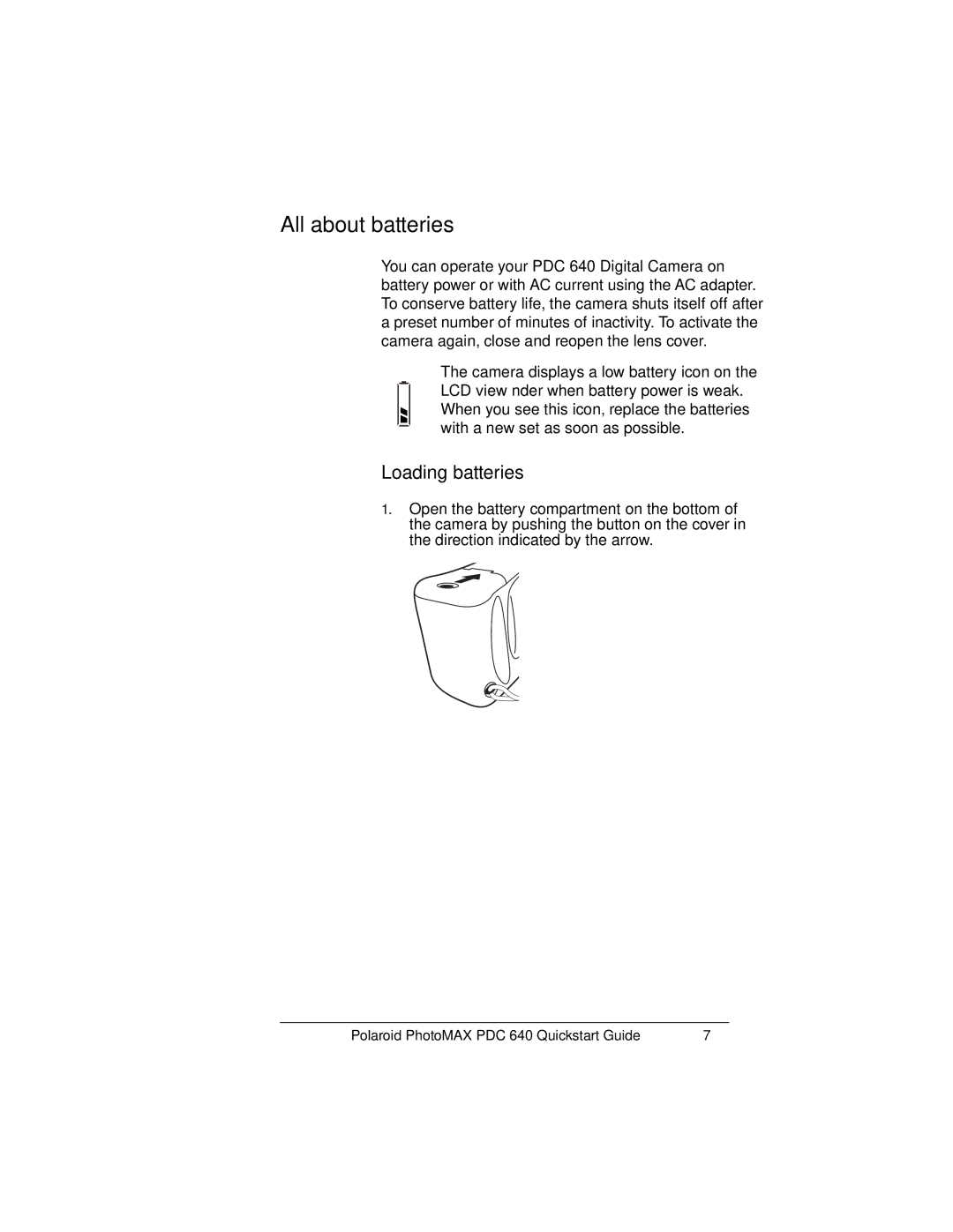 Polaroid PDC 640 manual All about batteries, Loading batteries 