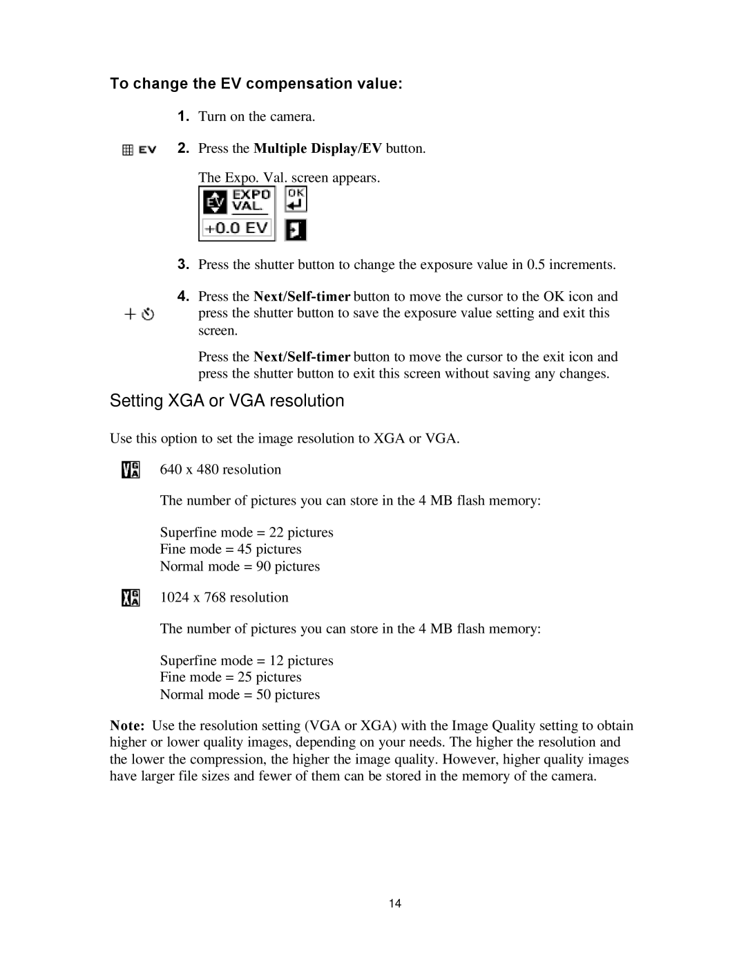 Polaroid PDC 700 Setting XGA or VGA resolution, To change the EV compensation value, Press the Multiple Display/EV button 